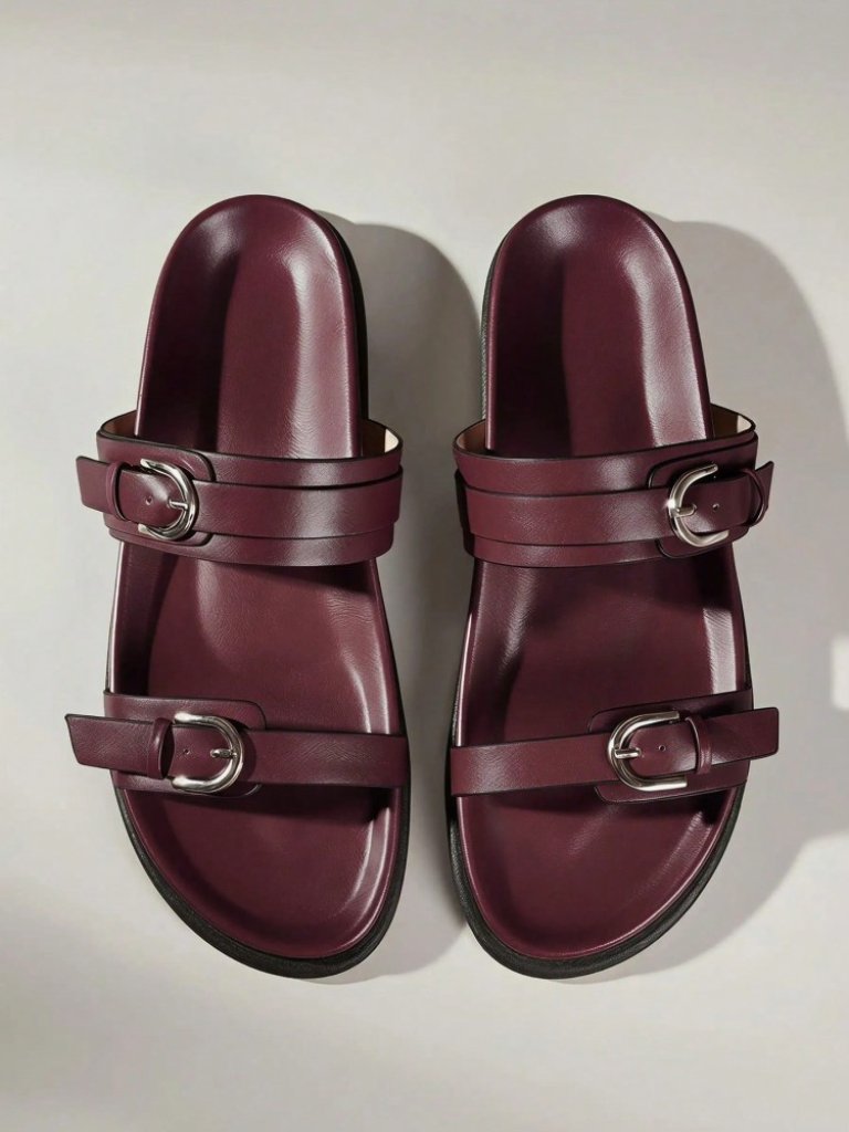 Burgundy Double Buckle Slide Sandals